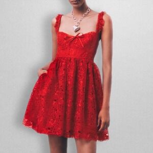 By Anthropologie Lipstick Red Ruffle Strap Corset Lace Mini Dress Size Large NEW